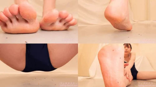 Japanese Asian Biting Mouth Fetish - Kozue Fujita - A beautiful girl in a school swimsuit warms up without noticing the dwarf at her feet and crushes him with her huge bare feet - 1080p