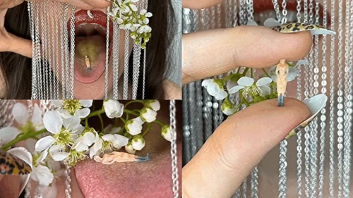 Goddess Gwendolyn - Floral tenderness for a tiny lady in the giantess's mouth