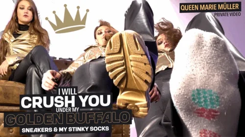 Femdomsquad Video Store - I will crush you under my golden Buffalo sneakers and my smelly socks! ( Private Giantess Fetish Video with Queen Marie Mueller ) - FULL HD wmv