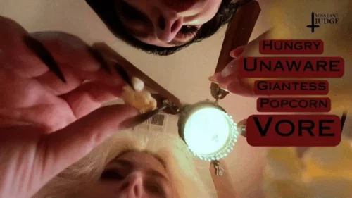 Science Friction - Hungry Unaware Giantess Popcorn Vore - SD - featuring Megan Daw and Jane Judge, a casual mukbang with eating, facestuffing, mouth, tongue and teeth fetish, big tits dangling over your tiny body, and lots of crunchy delicious popcorn being devoured on Scie