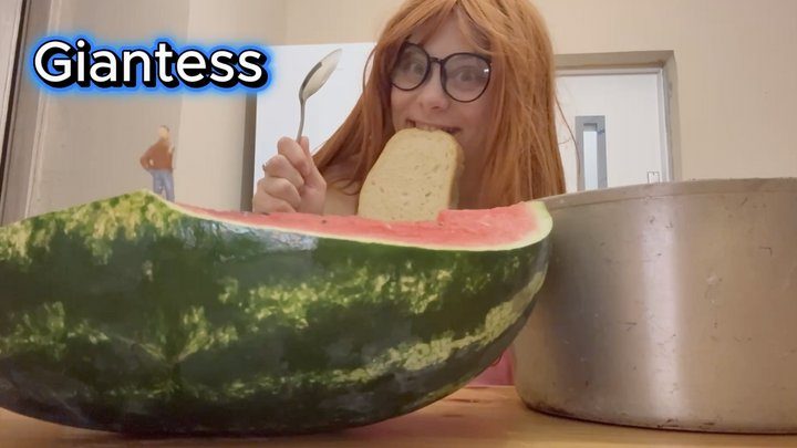 Amayamori - giantess stepsister eats watermelon and is really horny while tiny stepbrother watches giantess stepsister eat