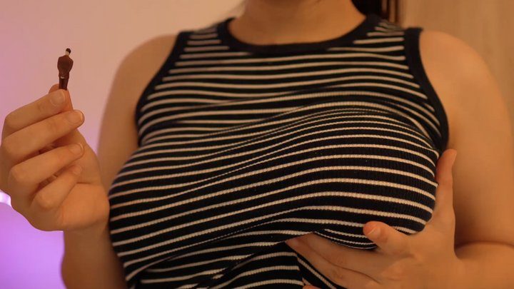 Amayamori - Giant girl plays with a tiny man because she can, because she has power over him, since the man is very small and the girl is huge, so the girl takes the opportunity to squeeze the girl's big breasts, plays with them, then takes them in her mouth and